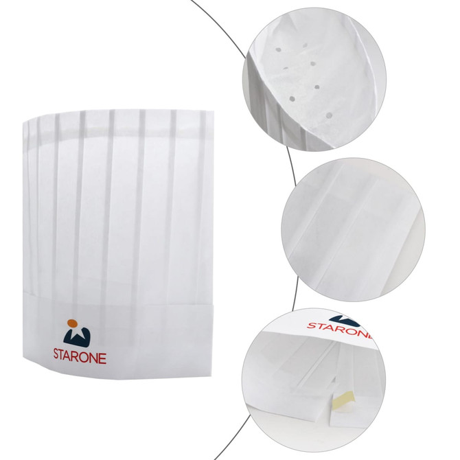 A disposable non-woven chef hat in white featuring ventilation holes and a logo at the base.