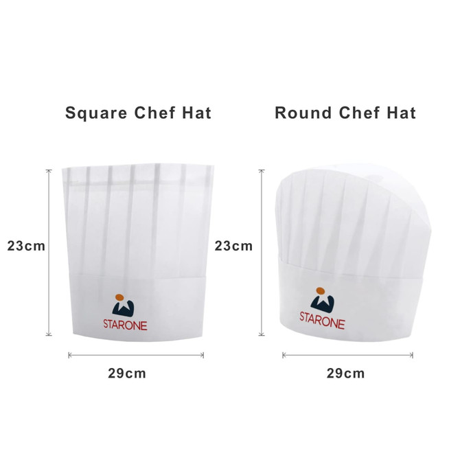 A disposable non-woven chef hat in white, with a square and a round design, featuring a small logo.