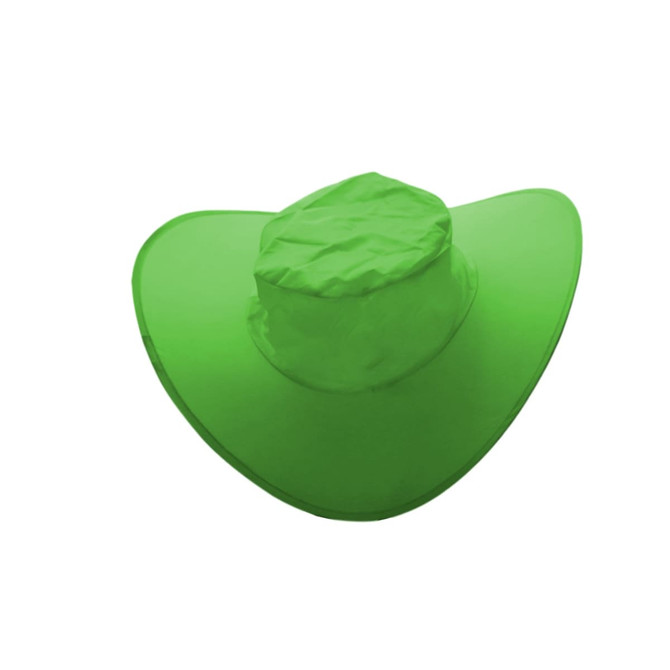A green foldable cowboy hat with a pouch, featuring a wide brim and a rounded crown.
