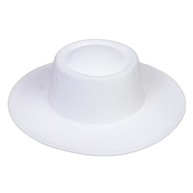 A white flat top felt fedora hat with a wide brim and a rounded crown. The hat features a logo.