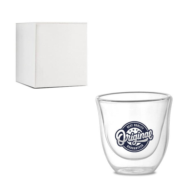 A double wall glass featuring a circular logo design, accompanied by a plain white box.