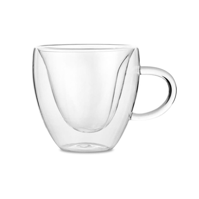 A double wall mug with a clear, glass design and a handle. It features a sleek, modern shape.