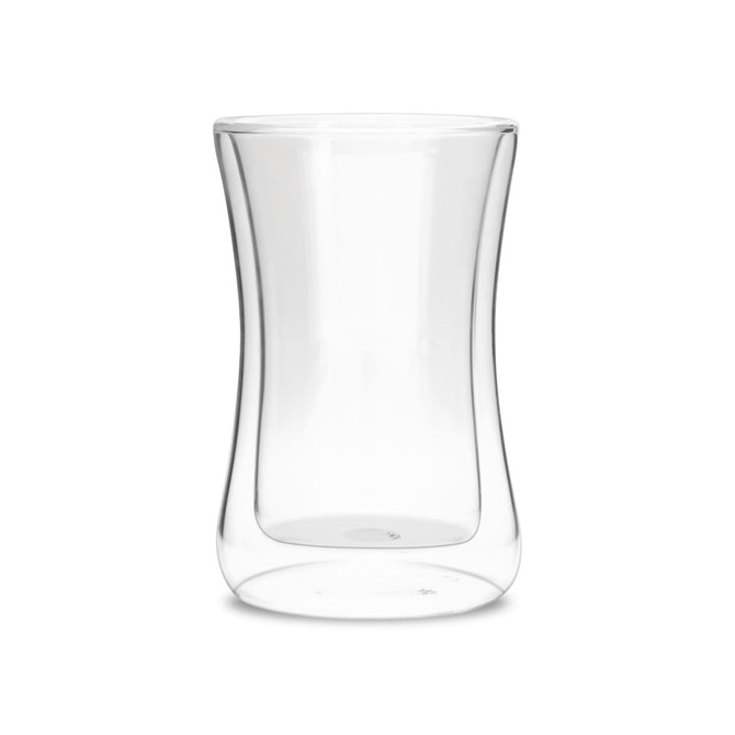 A drink bottle made of clear glass with a sleek, double wall design and a distinctive tapered shape.