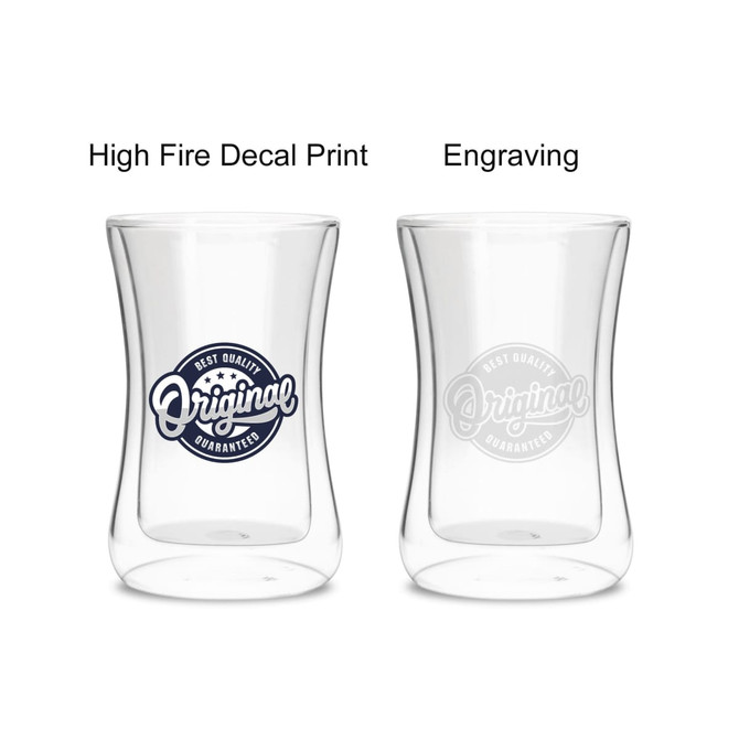 A drink bottle featuring a double wall design, clear glass, with a logo on the side. One version has decal print and the other engraving.