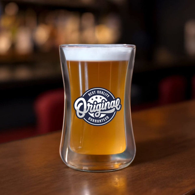 A drink bottle with a double wall glass design, featuring a light amber beverage and a circular logo.