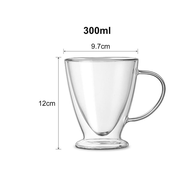 A V-shaped double wall mug made of clear glass, featuring a handle and measuring 300ml in capacity.