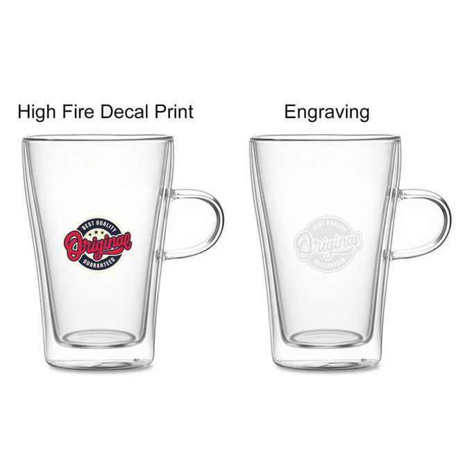 A double wall mug featuring a transparent design with a handle, showcasing decal print and engraving options.