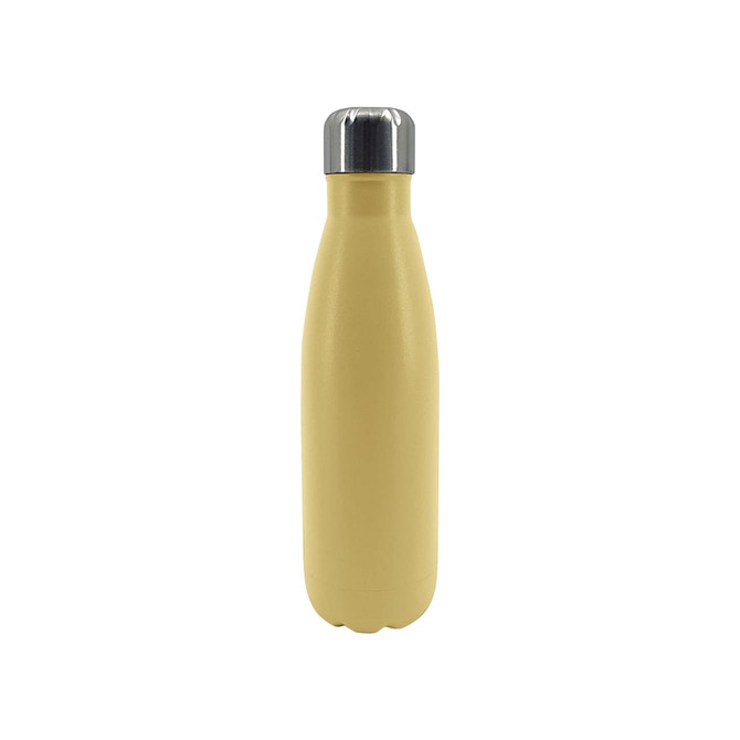 A drink bottle in a soft yellow hue with a stainless steel silver cap and a logo on the surface.