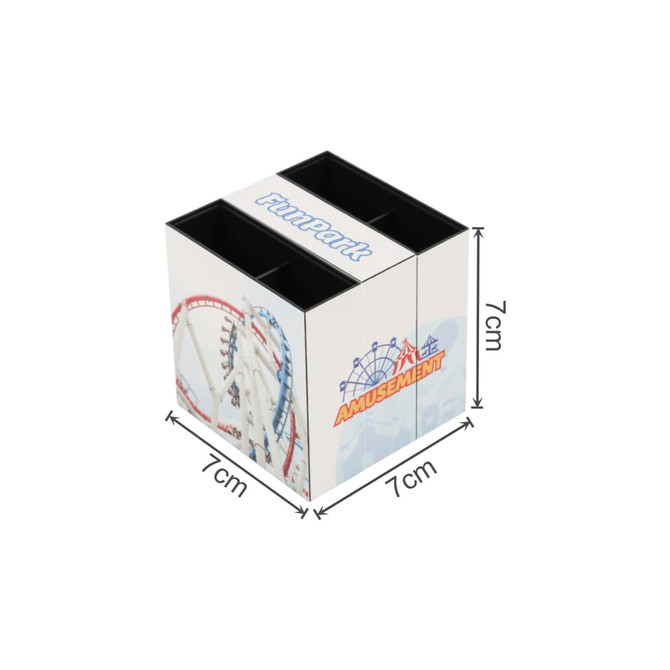 A three-panel foldable pen holder in white and black with a logo, featuring compartments for pens.