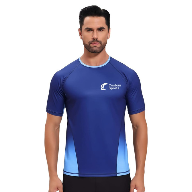 A crew neck T-shirt in navy and light blue, featuring a logo on the front and a fitted design.