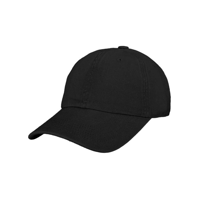 A black premium washed cotton baseball cap with a curved brim and an adjustable strap at the back. Features a logo.