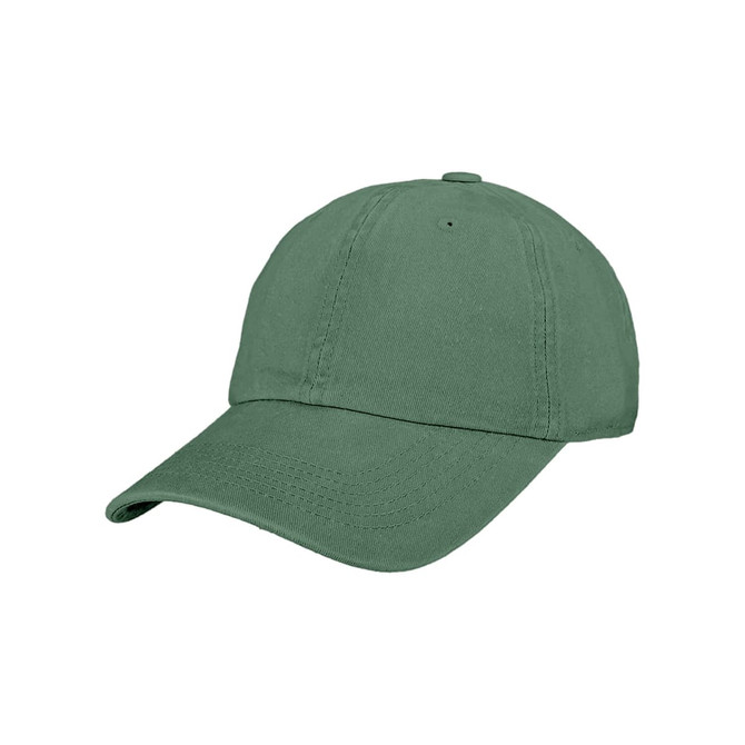 A green premium washed cotton baseball cap featuring a curved brim and an adjustable strap at the back.