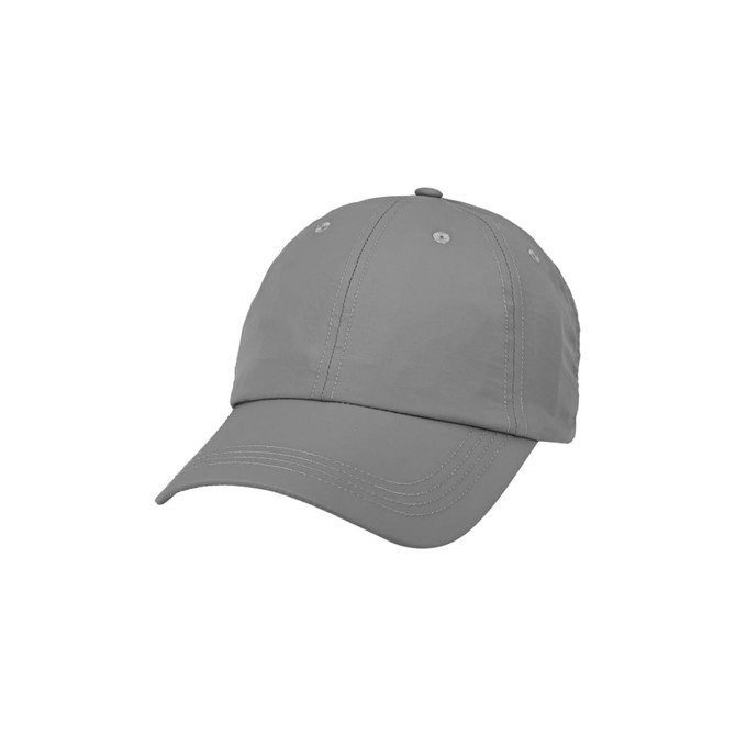 A lightweight cap in grey with contrasting stitching and a rounded crown, featuring ventilation eyelets and a logo.