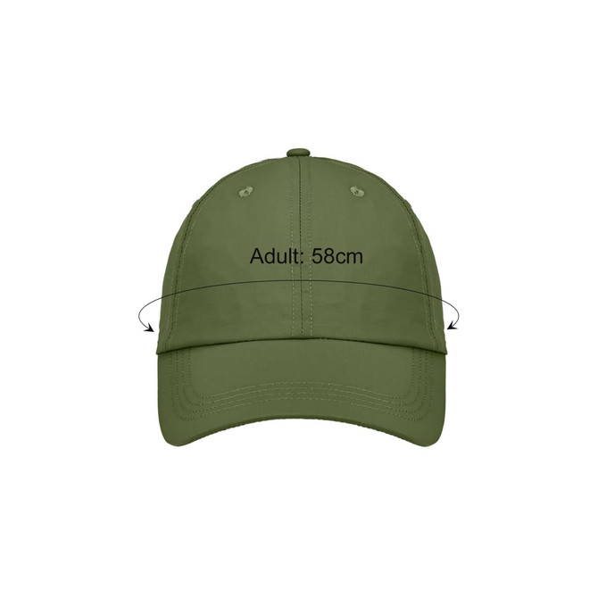 A lightweight cap in olive green with a rounded crown and a curved brim, featuring a logo.