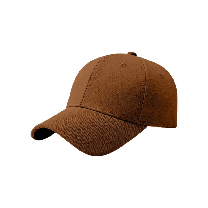 A brown cotton baseball cap with a hard top and a curved brim, featuring a logo on the front.