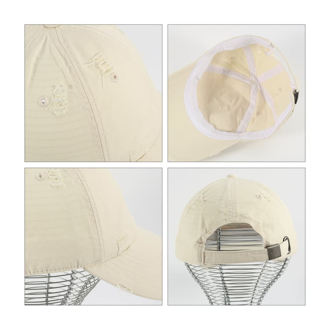 A vintage-style baseball cap in cream with distressed detailing, featuring a logo and an adjustable strap at the back.