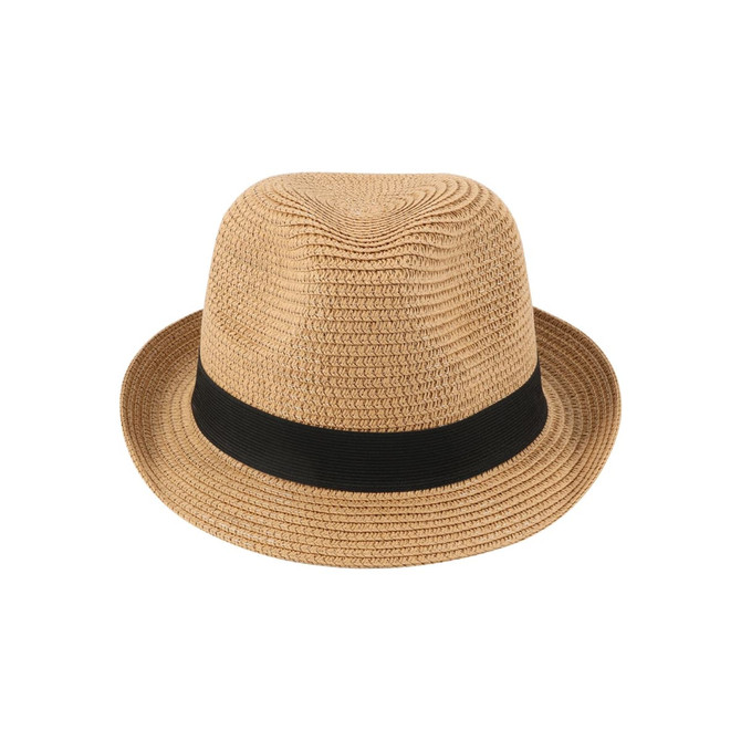 A straw hat in beige with a black ribbon band, featuring a rounded crown and a wide brim.