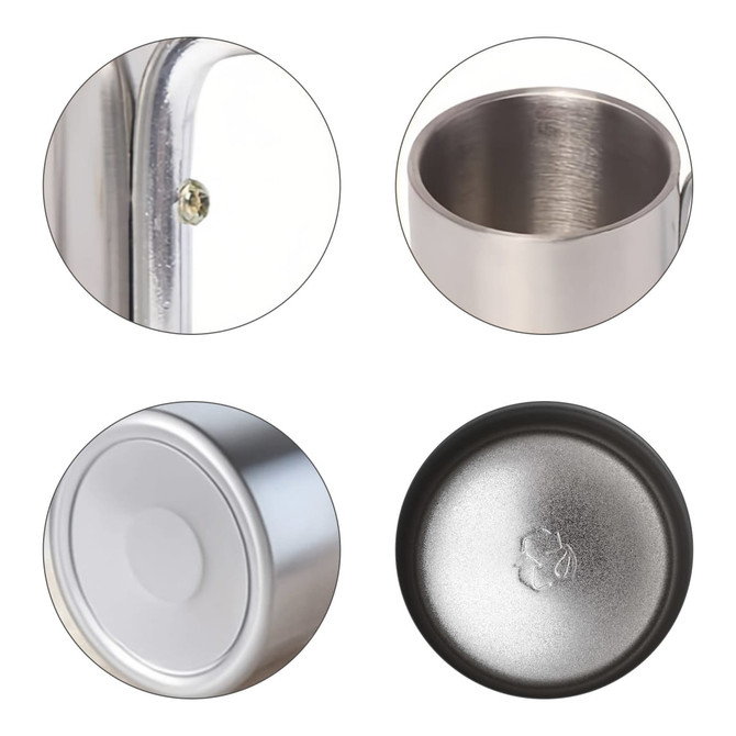 A stainless steel double-walled mug with a carabiner handle, featuring a shiny silver finish and a black base.