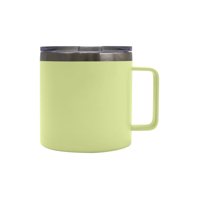 A drink bottle in a pastel green colour, made of stainless steel with a handle and a lid. It features a logo.