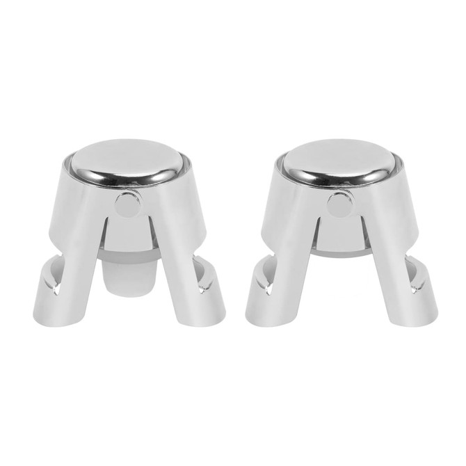 A stainless steel champagne stopper set in silver, featuring a sleek design and a logo on one of the stoppers.