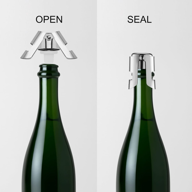 A stainless steel champagne stopper in chrome finish, displayed on a green champagne bottle, shown in open and sealed positions.