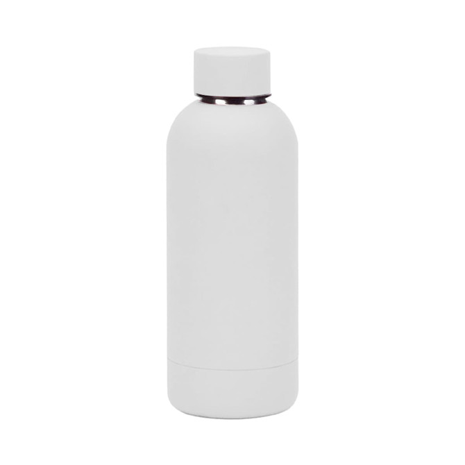 A drink bottle made of recycled stainless steel, featuring a sleek white design and an insulated structure.