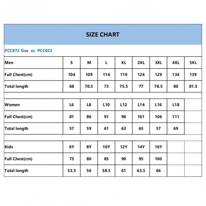 A size chart detailing measurements for men’s, women’s, and kids’ t-shirts in various sizes.