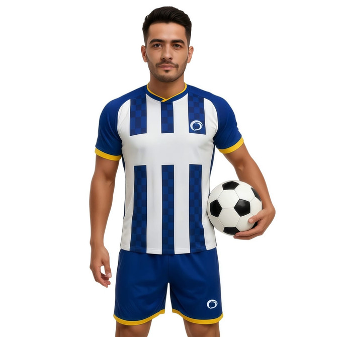 A man holds a soccer ball while wearing a blue and white striped athletic shirt with matching shorts.