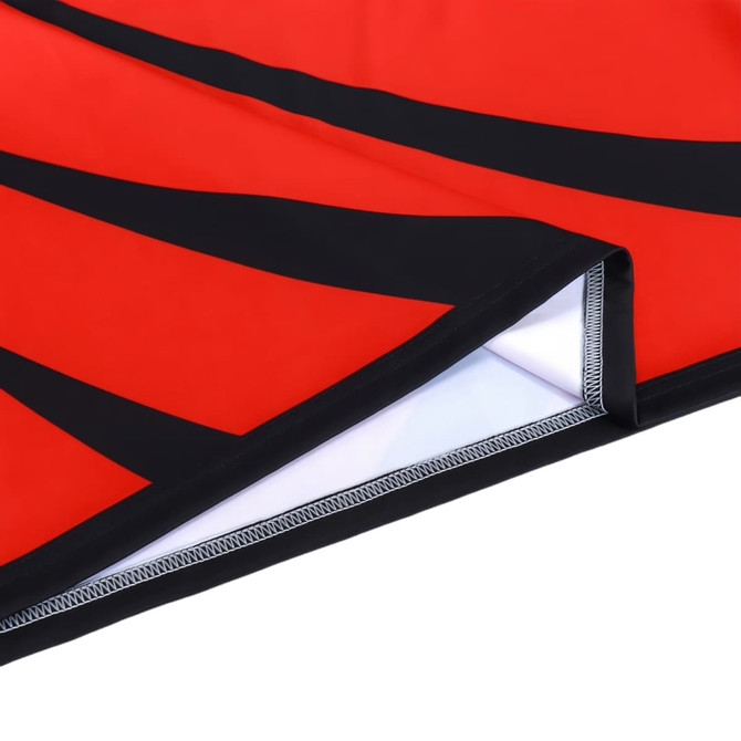 A vibrant red and black polyester micro mesh fabric, showcasing a crew neck design with raglan sleeves and a logo.