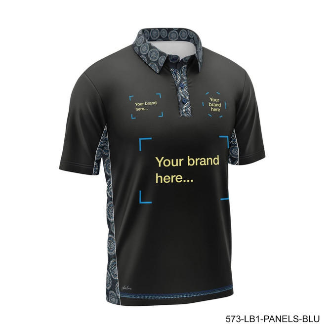 A black polo shirt with blue patterned accents and a logo placement area.