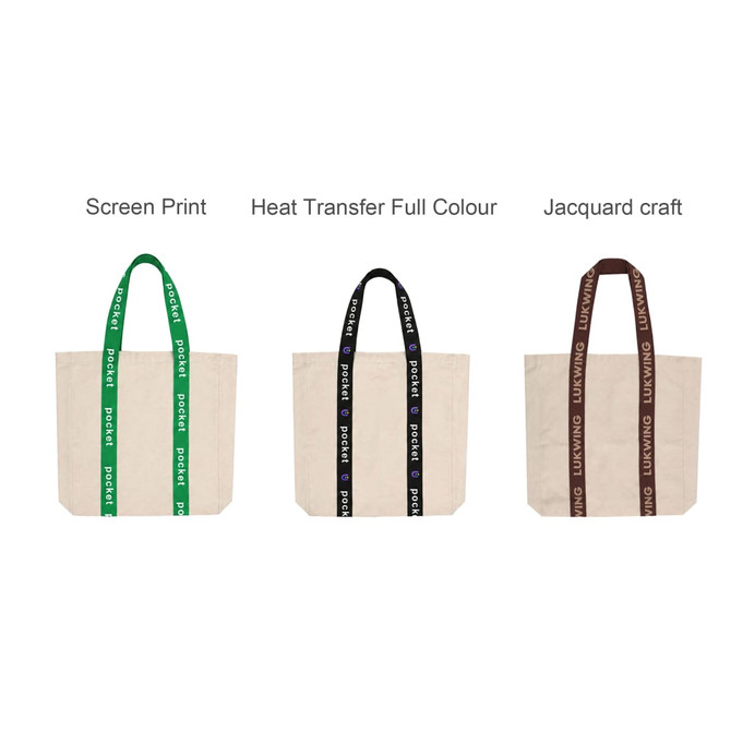 Three custom woven handle tote bags in cream, featuring green, black, and brown handles, each with a different strap design.