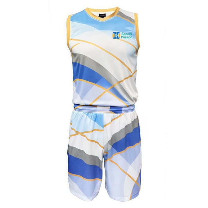 A sleeveless sport jersey in white, blue, and grey with a matching pair of shorts, featuring a logo.