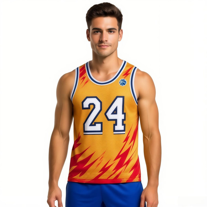 A sleeveless sport jersey in vibrant yellow and red with blue accents and a logo, featuring the number 24.
