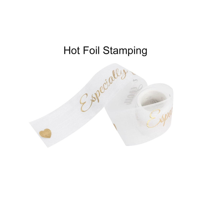 Organza ribbon in white with gold foil stamping, featuring the text "Especially" and a heart motif.