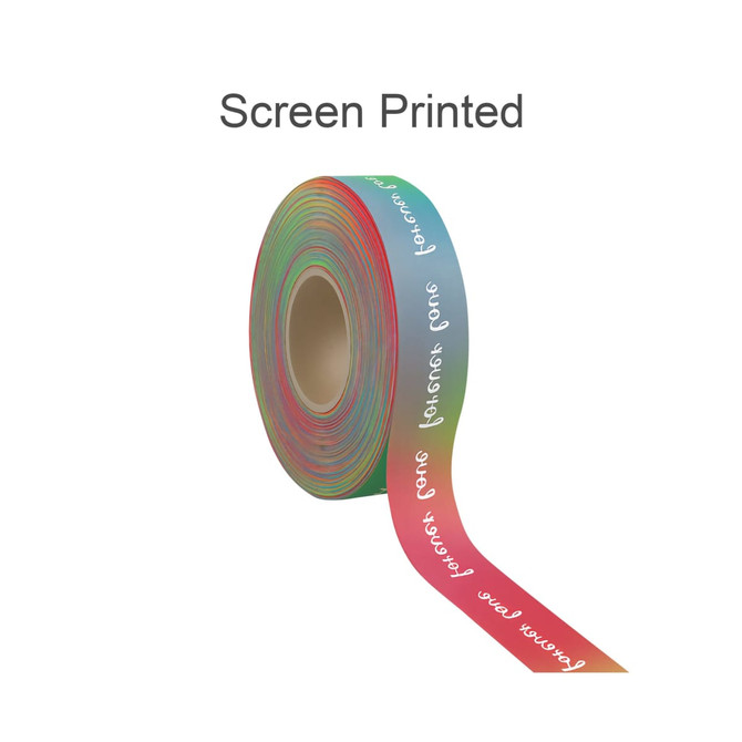 A roll of rainbow satin polyester ribbon in various colours, with a subtle branded logo visible.