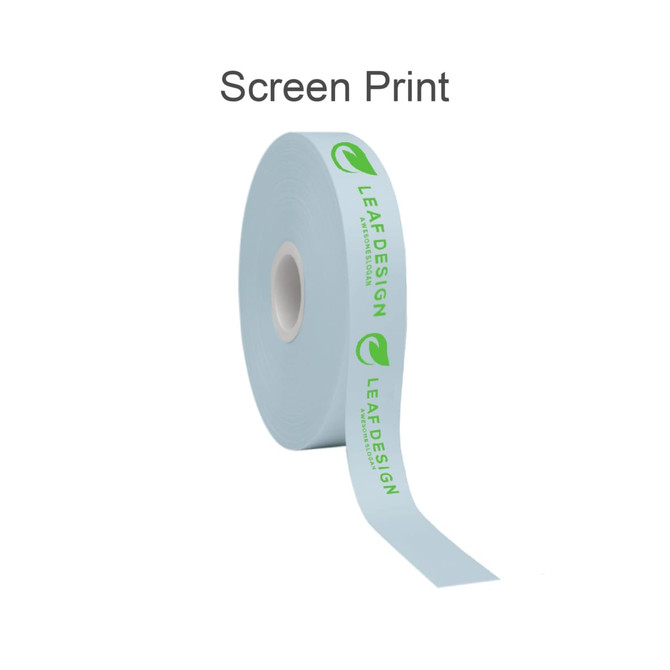 A roll of light blue satin polyester ribbon with a printed design and a logo.