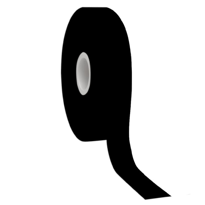 A roll of black satin polyester ribbon with a smooth finish and a central core.