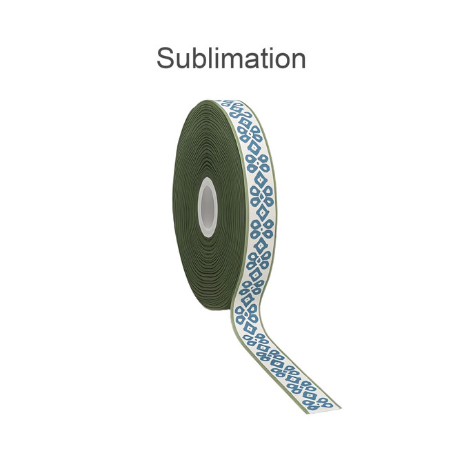 A roll of satin polyester ribbon in olive green with a patterned design in blue. It features a branding logo.