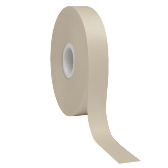 A roll of cream-coloured satin polyester ribbon with a smooth finish, featuring a central core.