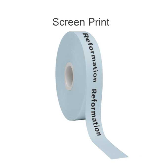A roll of light blue satin polyester ribbon with screen-printed text, featuring a logo.