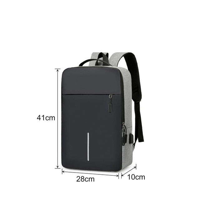 A grey and black laptop backpack with multiple compartments and USB charging capability, featuring a logo.