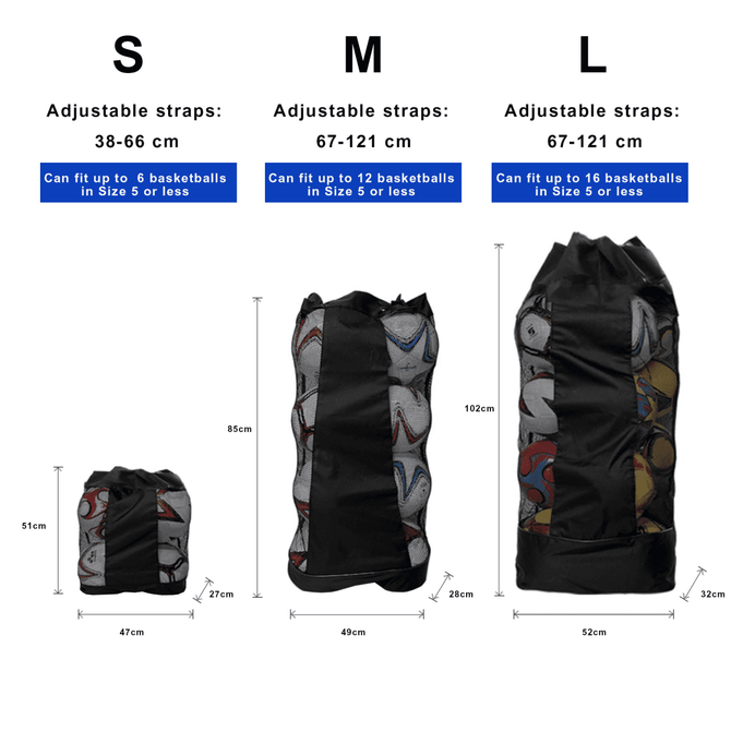 A drawstring mesh ball bag in black, with three sizes shown, featuring adjustable straps and a logo.