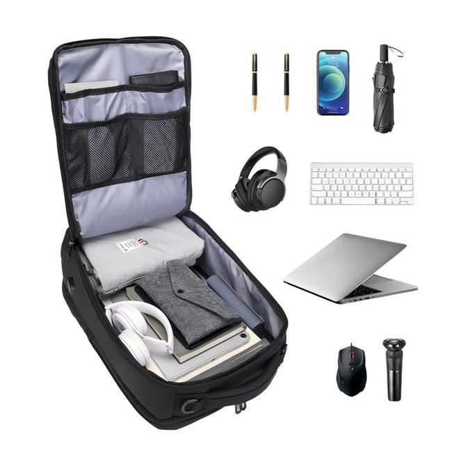 A waterproof black business backpack with various compartments, empty space, and surrounding items like a laptop, headphones, and pens.