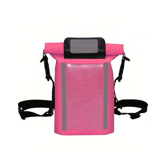 A waterproof crossbody handlebar bag in bright pink with reflective stripes and adjustable straps. It features a clear front pocket.