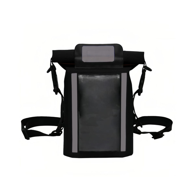 A waterproof black crossbody handlebar bag with grey reflective strips and adjustable straps. It features a clear pocket on the front.