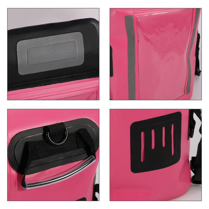 A pink waterproof crossbody handlebar bag, featuring a silver handle, pockets, and a logo on the side.