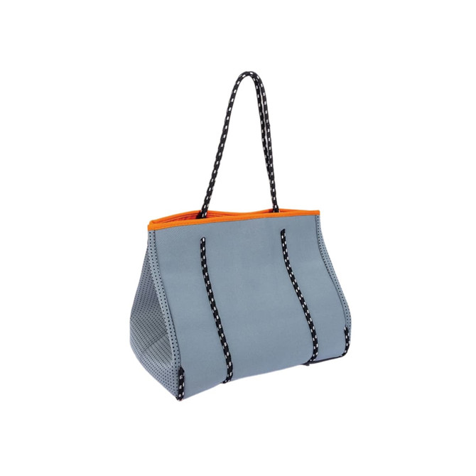 A large grey neoprene beach tote bag with orange trim and black and white striped handles, featuring mesh sides.