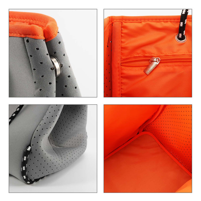 Large neoprene beach tote bag in grey with orange accents, featuring a zipper pocket and a stylish interior with perforations.