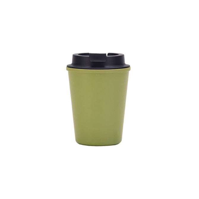 A drink bottle in olive green with a black lid, featuring a logo, designed as a double wall wheat straw cup.