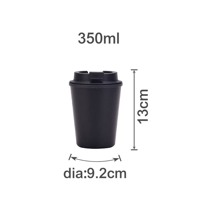 A drink bottle featuring a black, double wall design with a lid, measuring 350ml and 13cm tall.